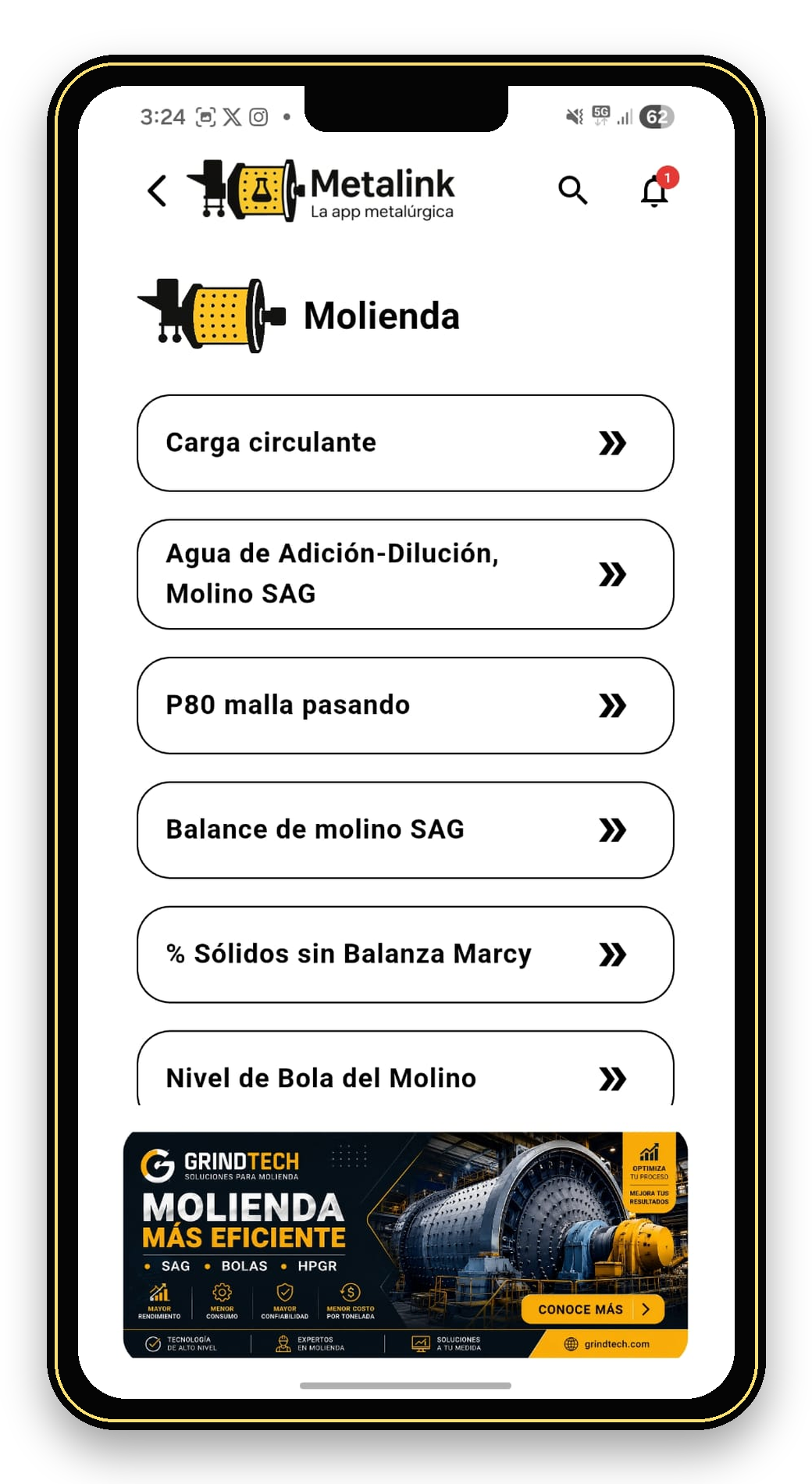 Pantalla de Molienda con ejemplo de anuncio en Metalink